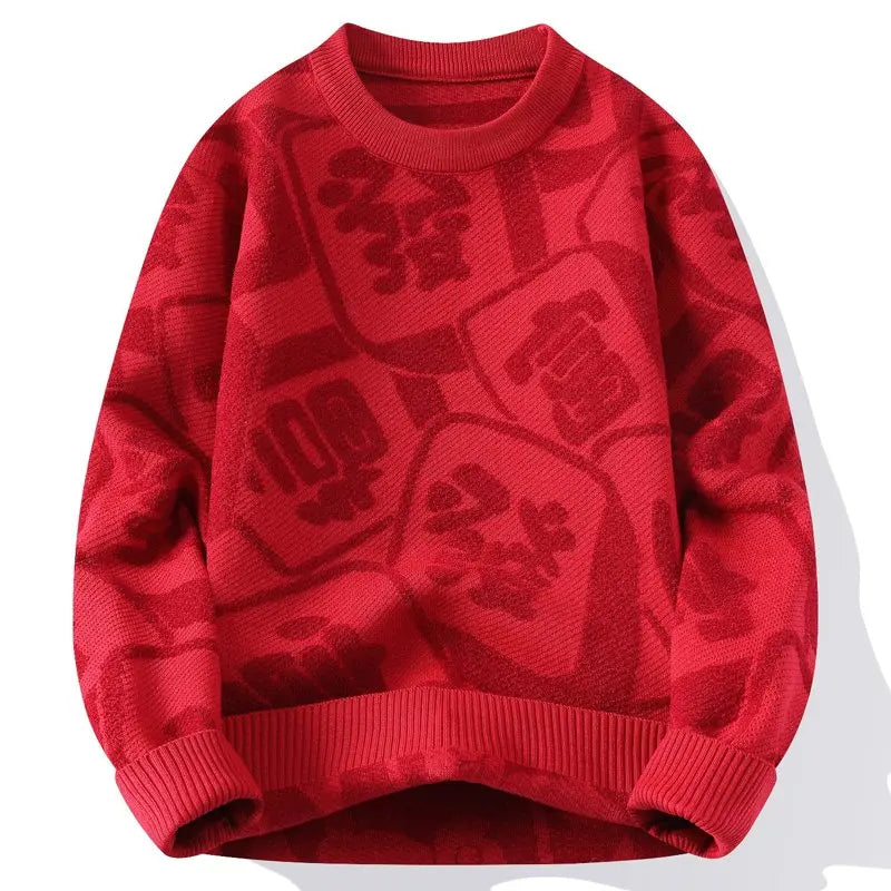 Chinese Letter O-Neck Loose Red Sweater