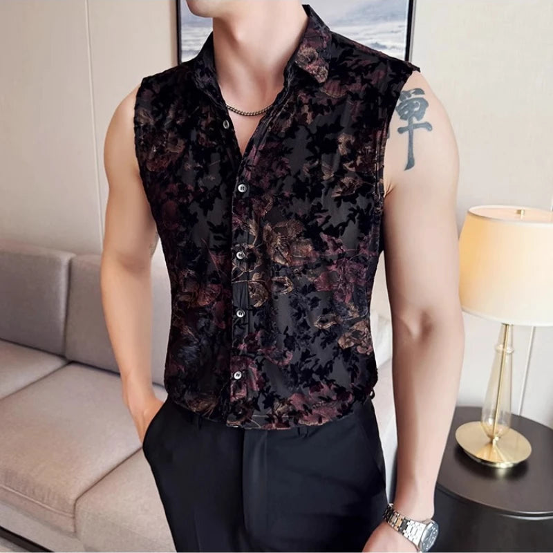 Floral Jacquard Mesh Sleeveless Shirt