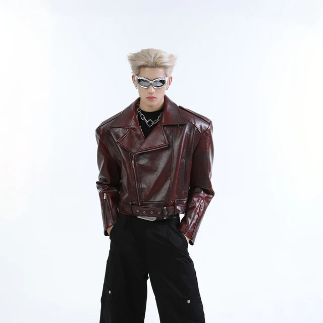 Lapel Collar Zipper with Belt Leather Jacket