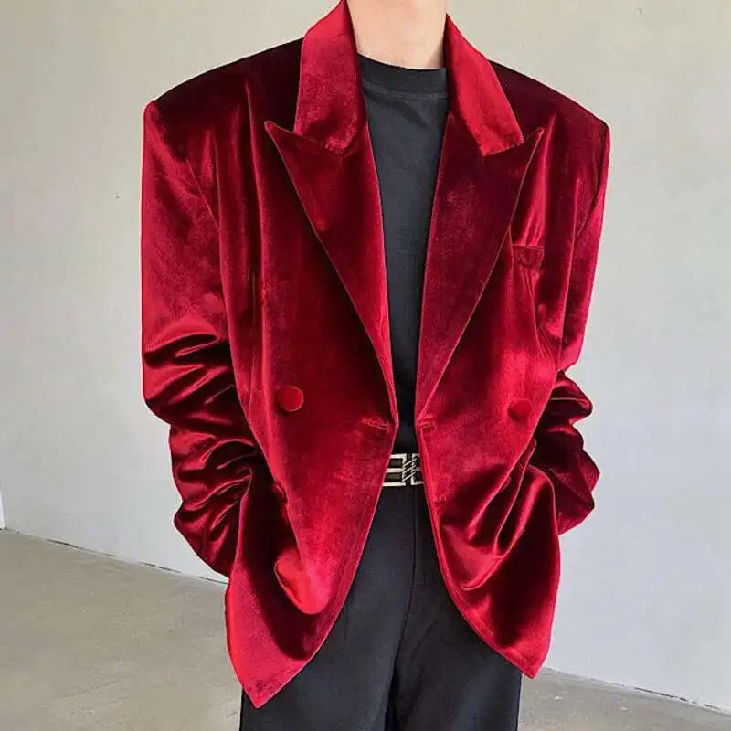 Red Velvet Lapel Double Breasted Blazer