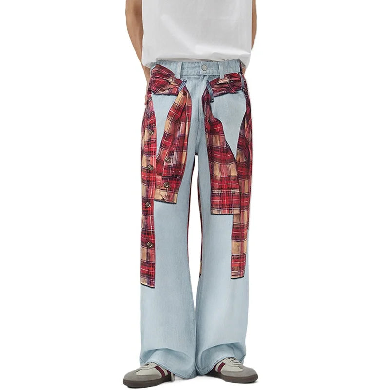 Red Plaid Flannel Printed Denim Jeans