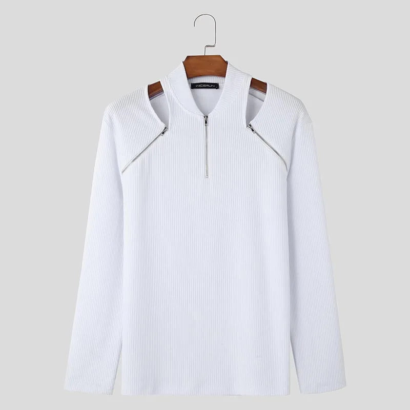 Knitted Hollow Zipper Design Long Sleeve T-Shirt