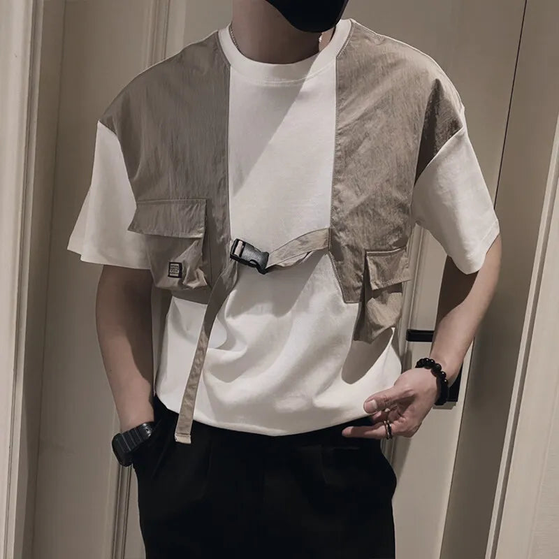 Splicing Workwear Casual Round Neck T-Shirt