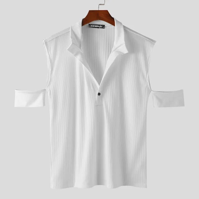 Solid Hollow Out V-Neck Shirt