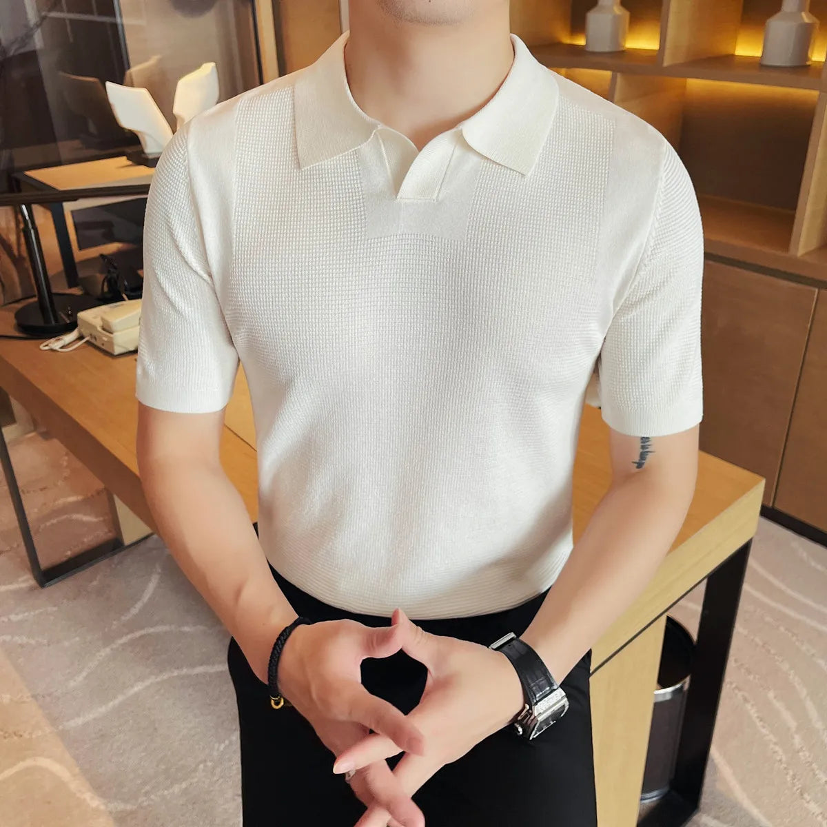 Solid V-neck Turn-Down Collar Knitted Polo Shirt