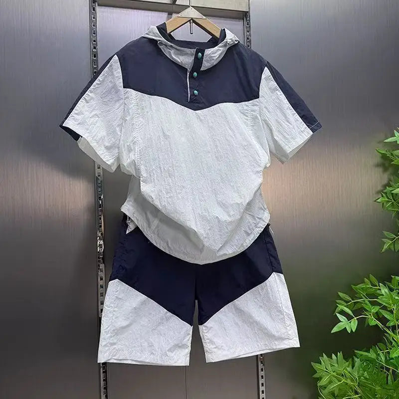 Contrasting Color Hooded Shorts Set