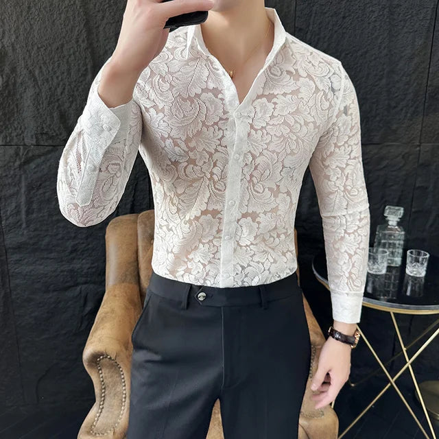 Solid Transparent Lace Slim Fit Shirt
