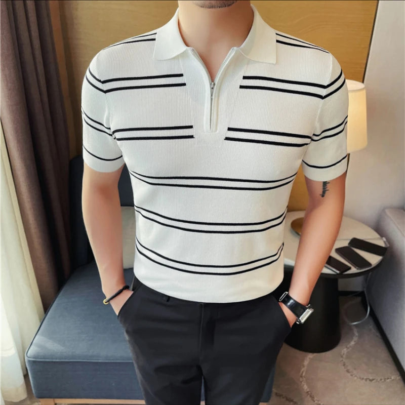 Casual Striped Knitted Short-Sleeved Polo Shirt