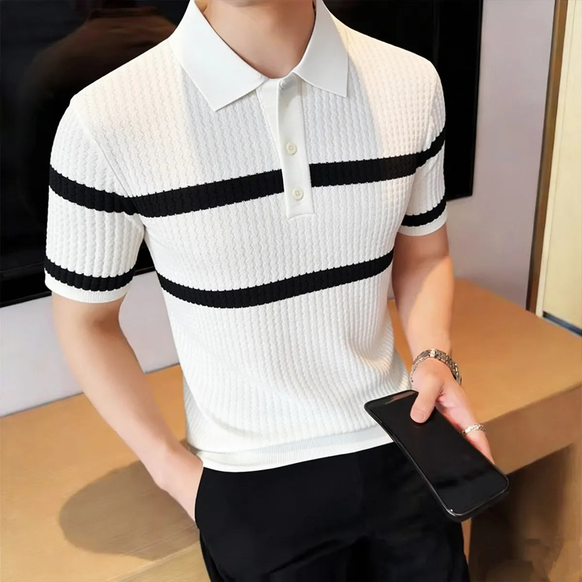 Short Sleeved Stripes Knitted Polo Shirt