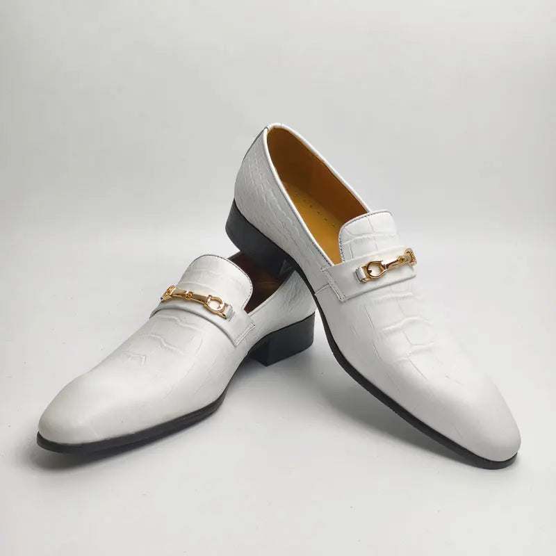 White Leather Metal Appliques Loafers