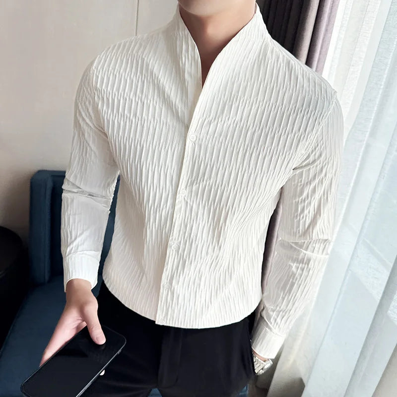 Textured Mandarin Collar Dress Shirt