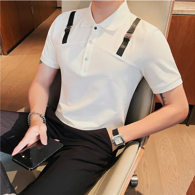 Patchwork Buckle Shoulder Solid Polo Shirt