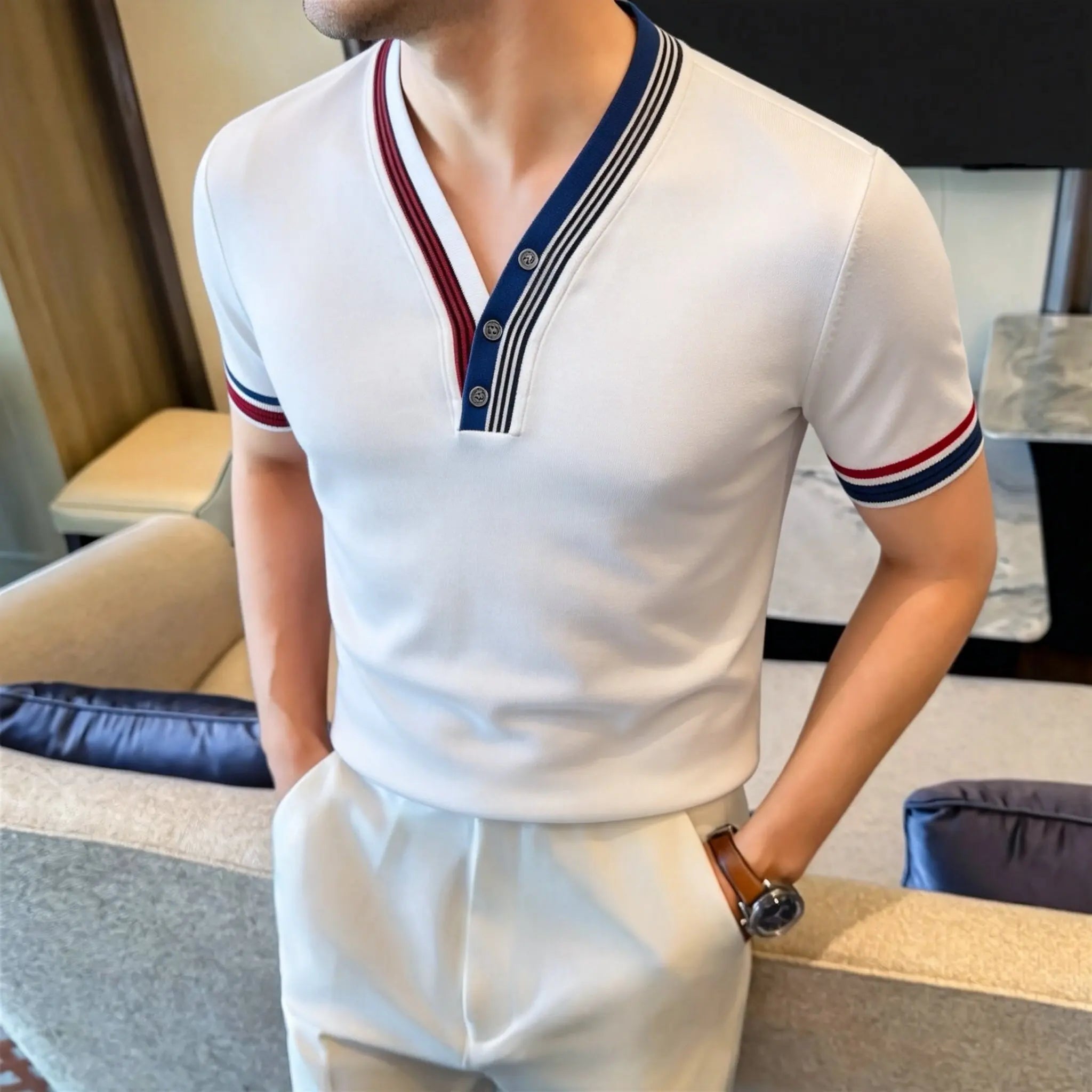 Knitted Striped V-Neck T-Shirt