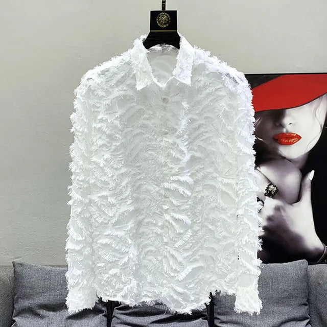 Solid Y2k Hollow Feather Tassel Shirt