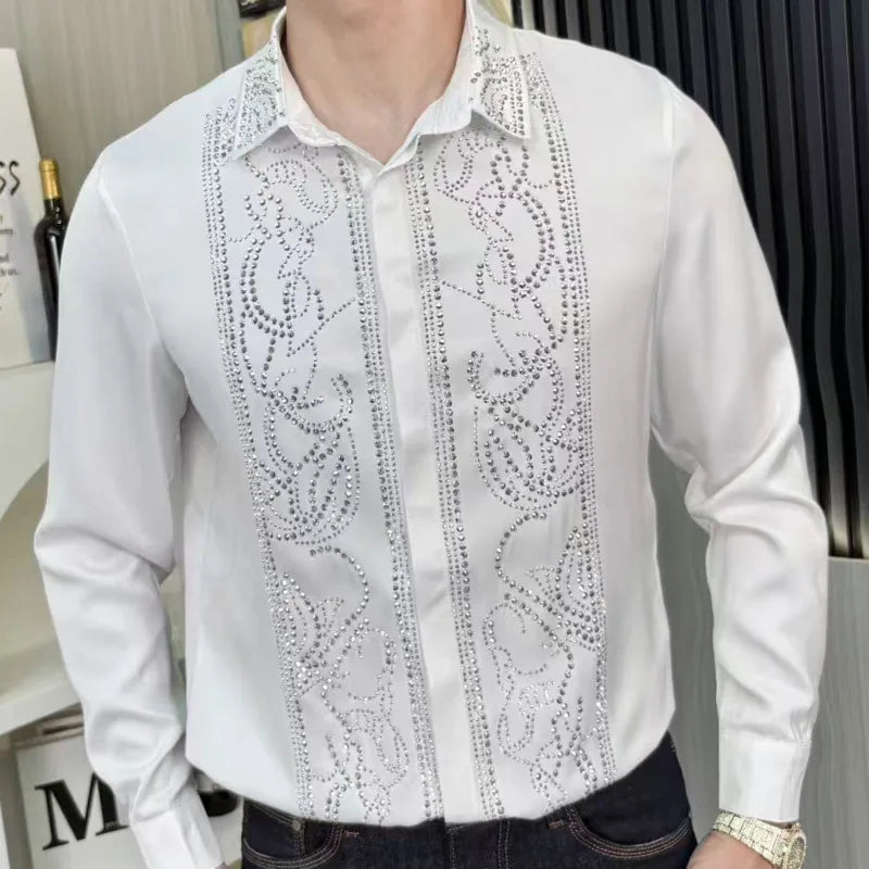 Long Sleeve Rhinestones Decor Style Shirt
