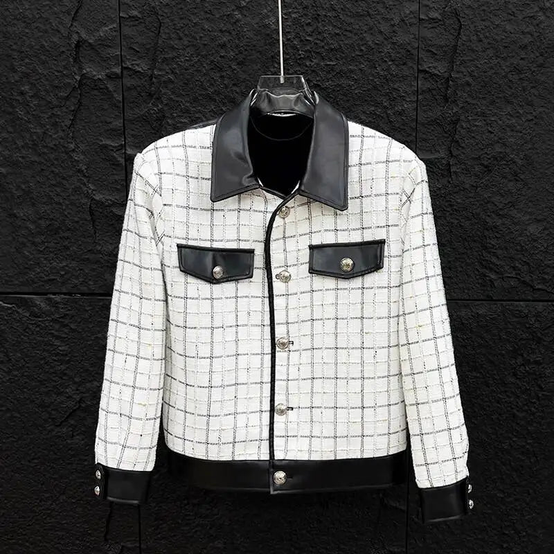 Windowpane Leather Trim Tweed Jacket