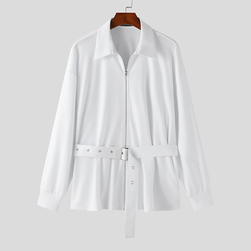 Solid Lapel Zipper Belt Jacket