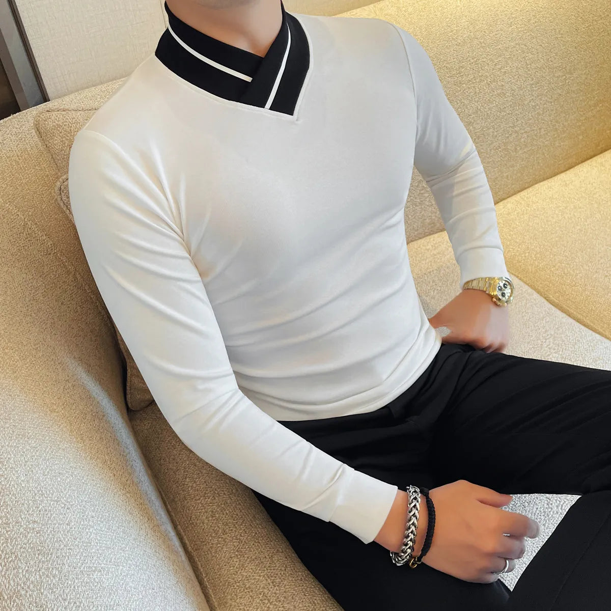V-Neck Slim-Fit Long Sleeve T-Shirt