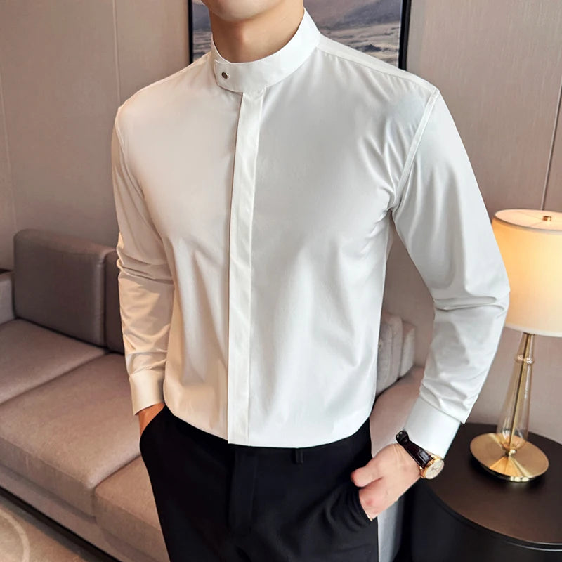 Stand Collar Covered Button Shirt