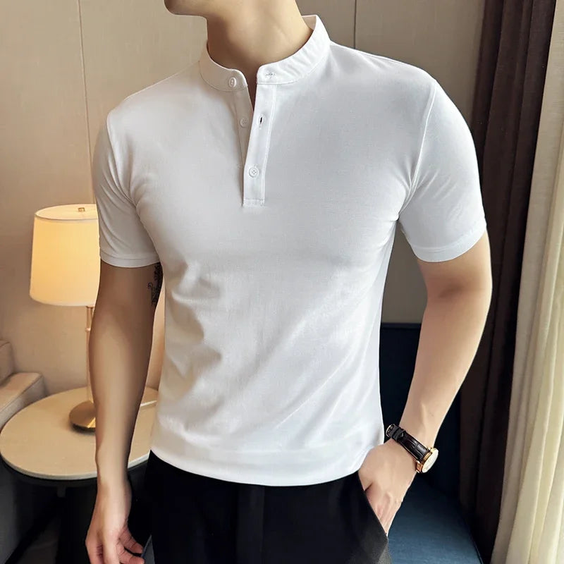 Solid Color Stand Neck Polo Shirt