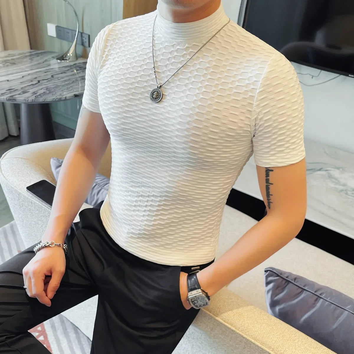 Half High Collar Slim Fit Casual Tee