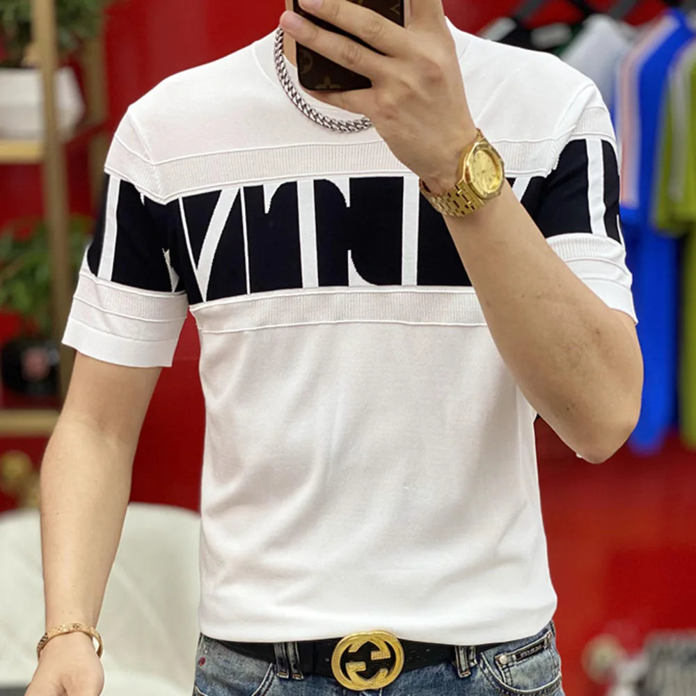 Contrast Color Splicing Jacquard O-Neck T-Shirt