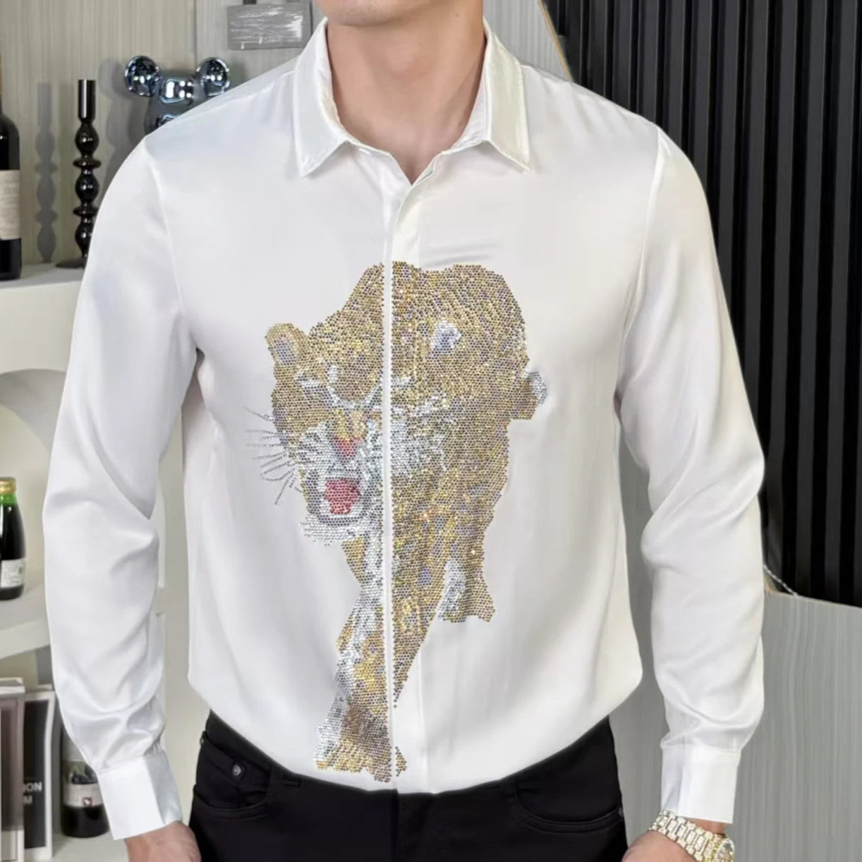Tiger Rhinestones Polyester Long Sleeve Shirt