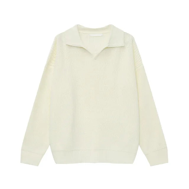 Solid Knitted Turn-down Collar Loose Sweater
