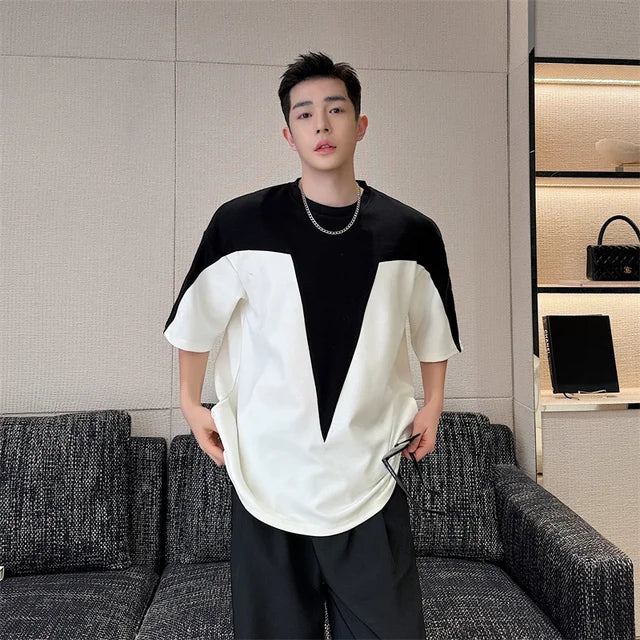 Contrast Patchwork Round Neck Loose T-Shirt