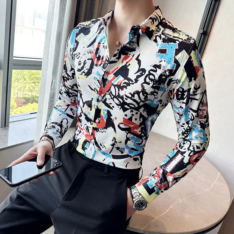 Streetwear Graffiti Printed Long Sleeved Men Shirt