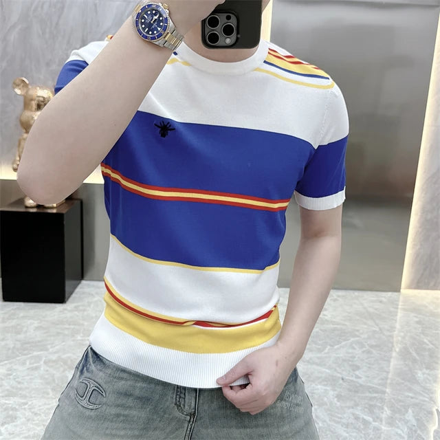 Contrasting Color Splicing Striped T-Shirt