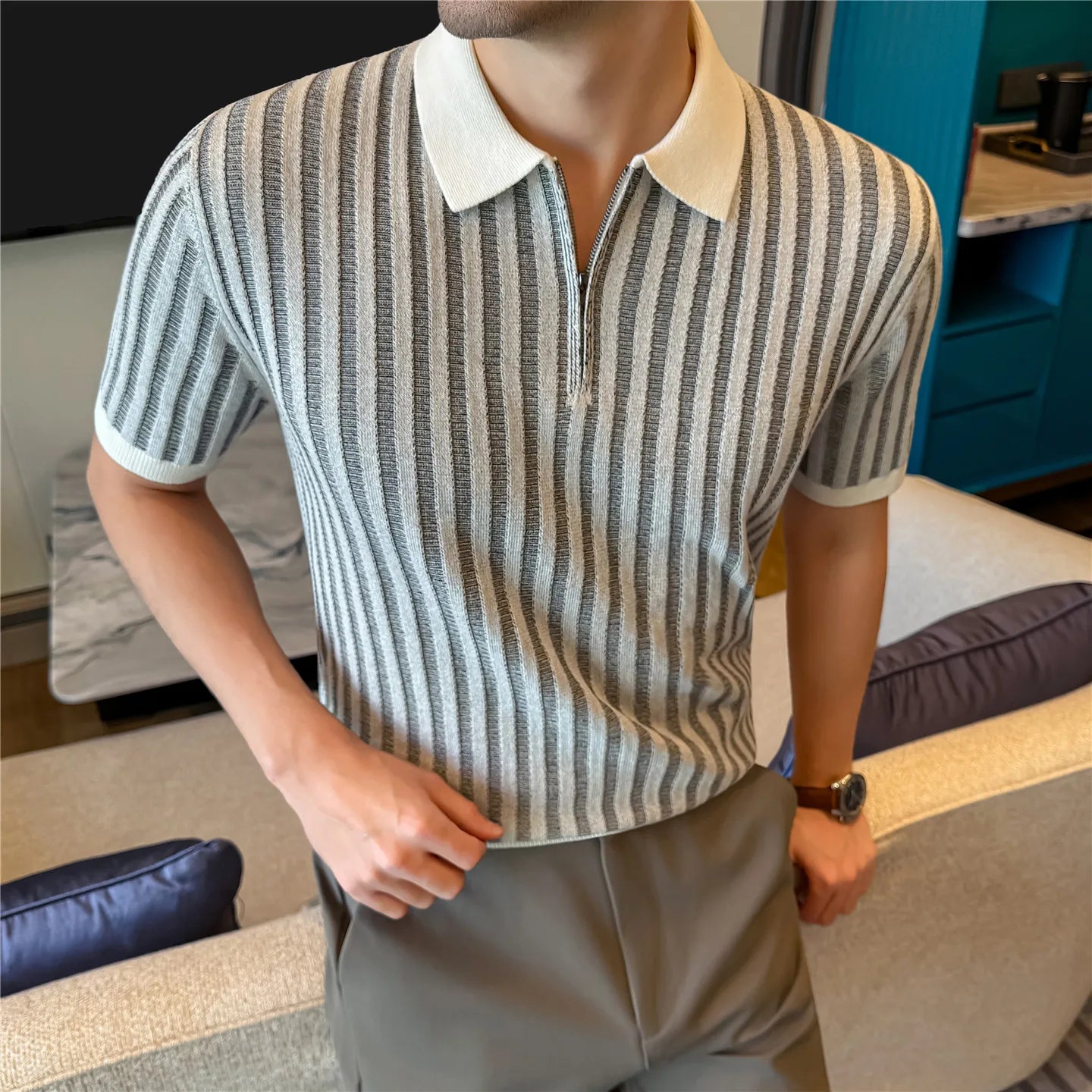Stretchy Striped Casual Men's Polo Shirt