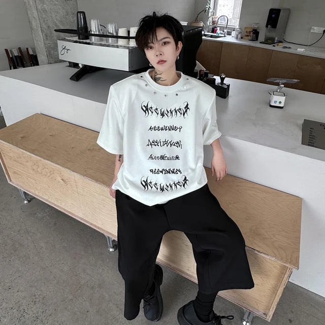 Letter Printed Rivet Metal Decorate T-Shirt