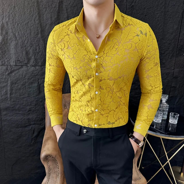Solid Transparent Lace Slim Fit Shirt