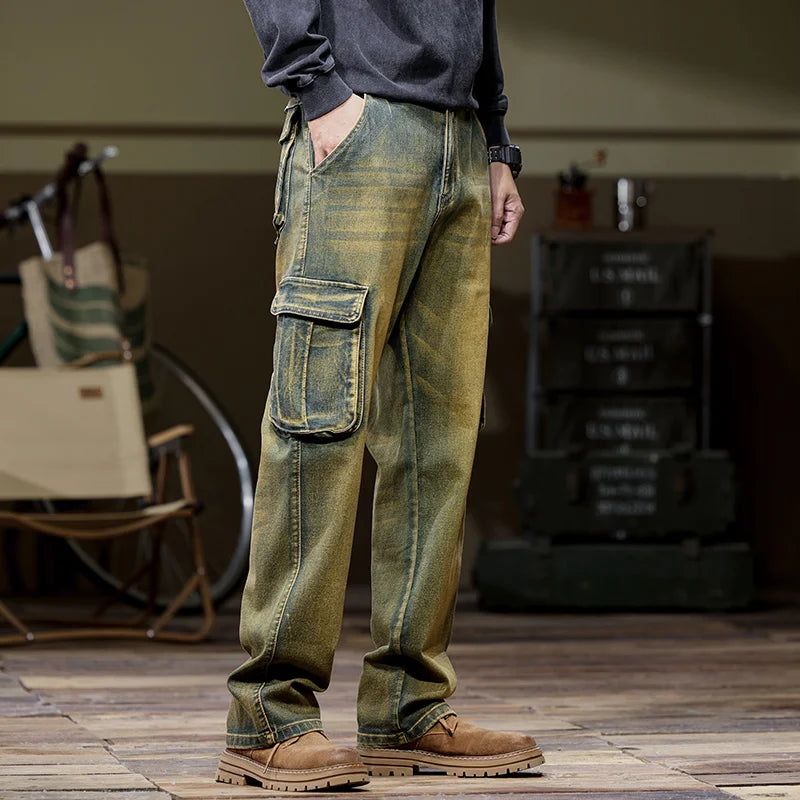 Washed Color Straight Cargo Jeans