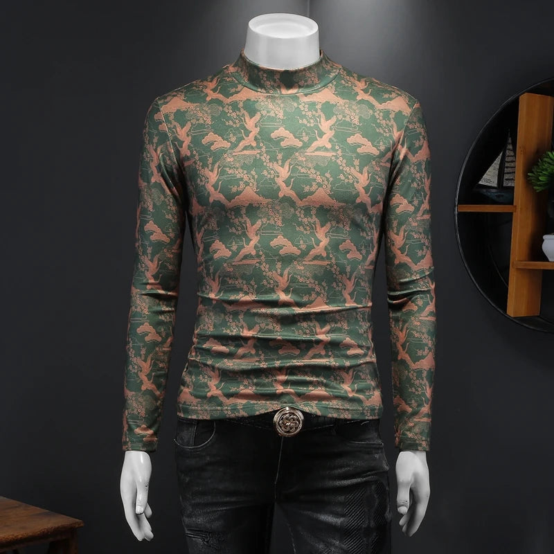 Casual Printed Turtleneck Slim-Fit T-Shirt