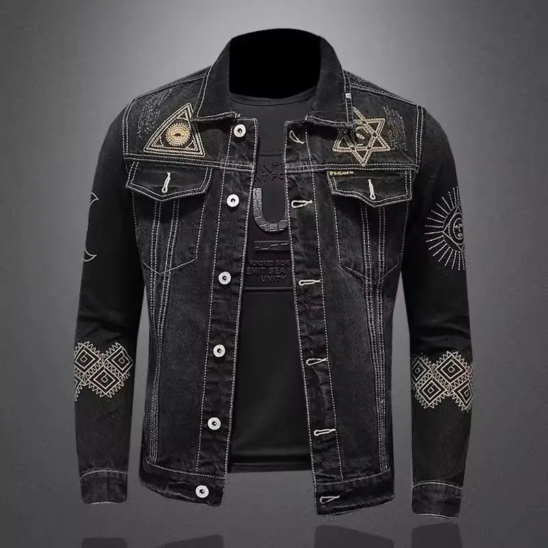 Black Embroidered Motorcycle Denim Jacket