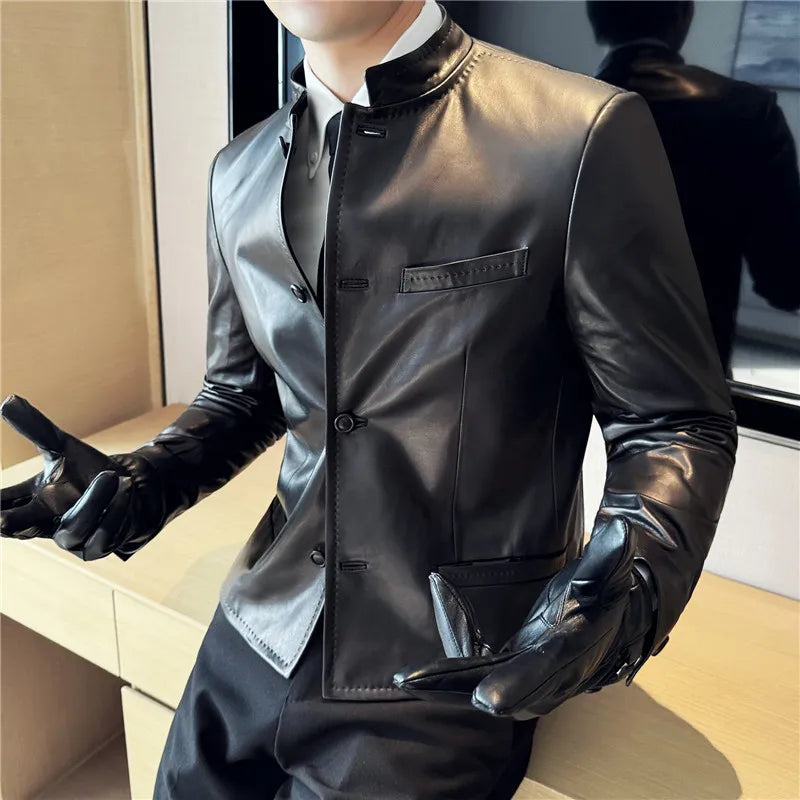 Shiny Black Leather Stand Collar Jacket