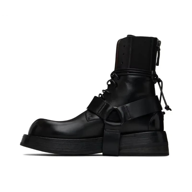 Black Leather Strap Buckle Lace-Up Boots