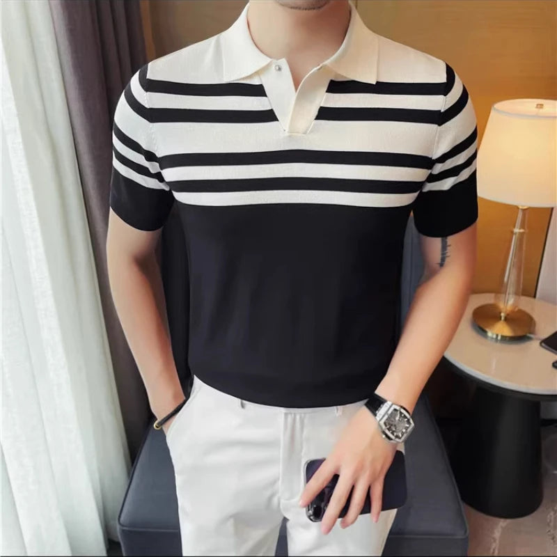 Knitted Vertical Striped Short Sleeved Polo Shirt