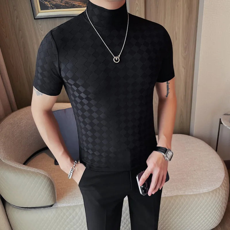 Diamond Textured Mock Neck Knit T-Shirt