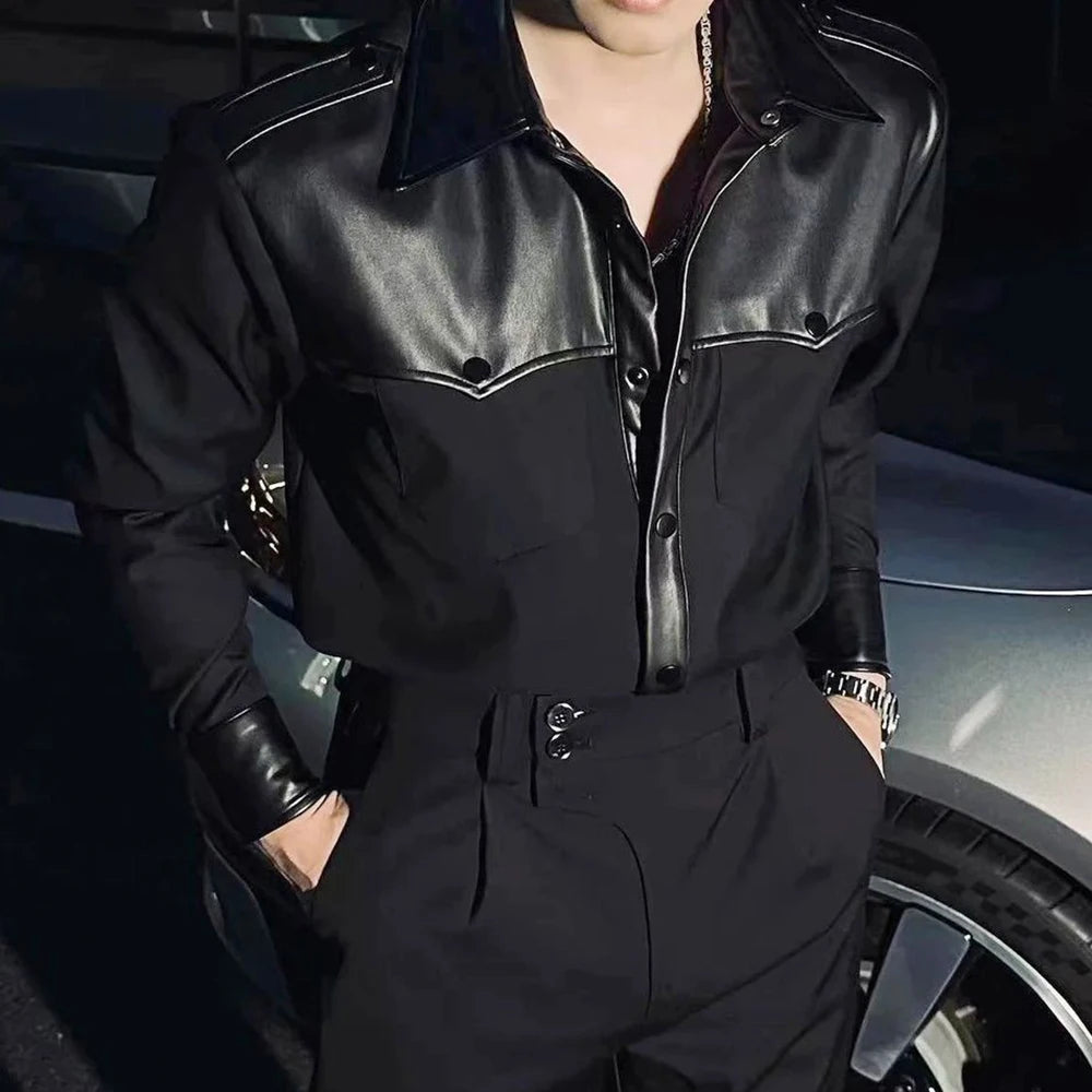 Black PU Leather Solid Patchwork Shirt