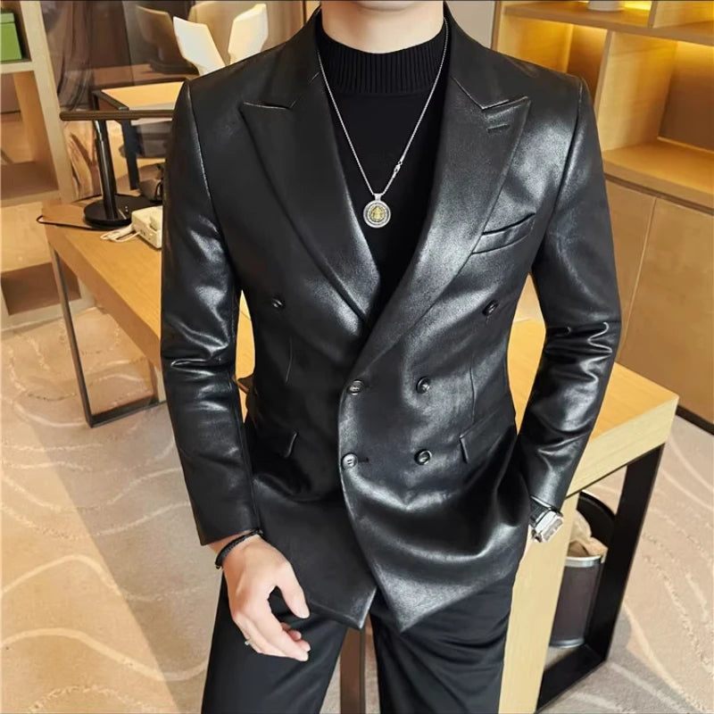 Retro Faux Leather Double Breasted Blazer