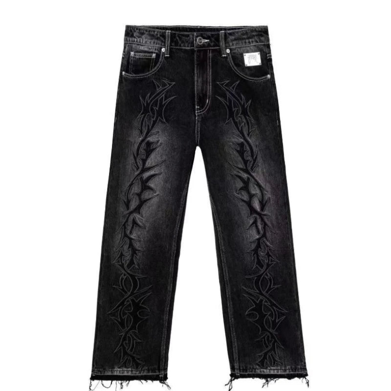 Retro Grey-Black Thorn Embroidery Jeans