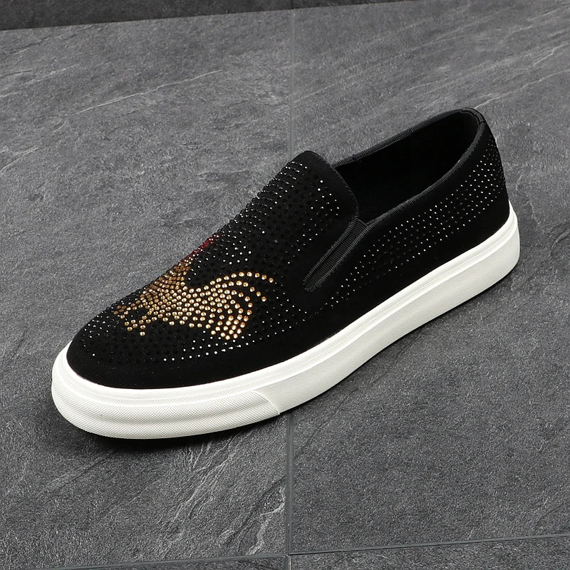 Chicken Rhinestone Pattern Black Loafers