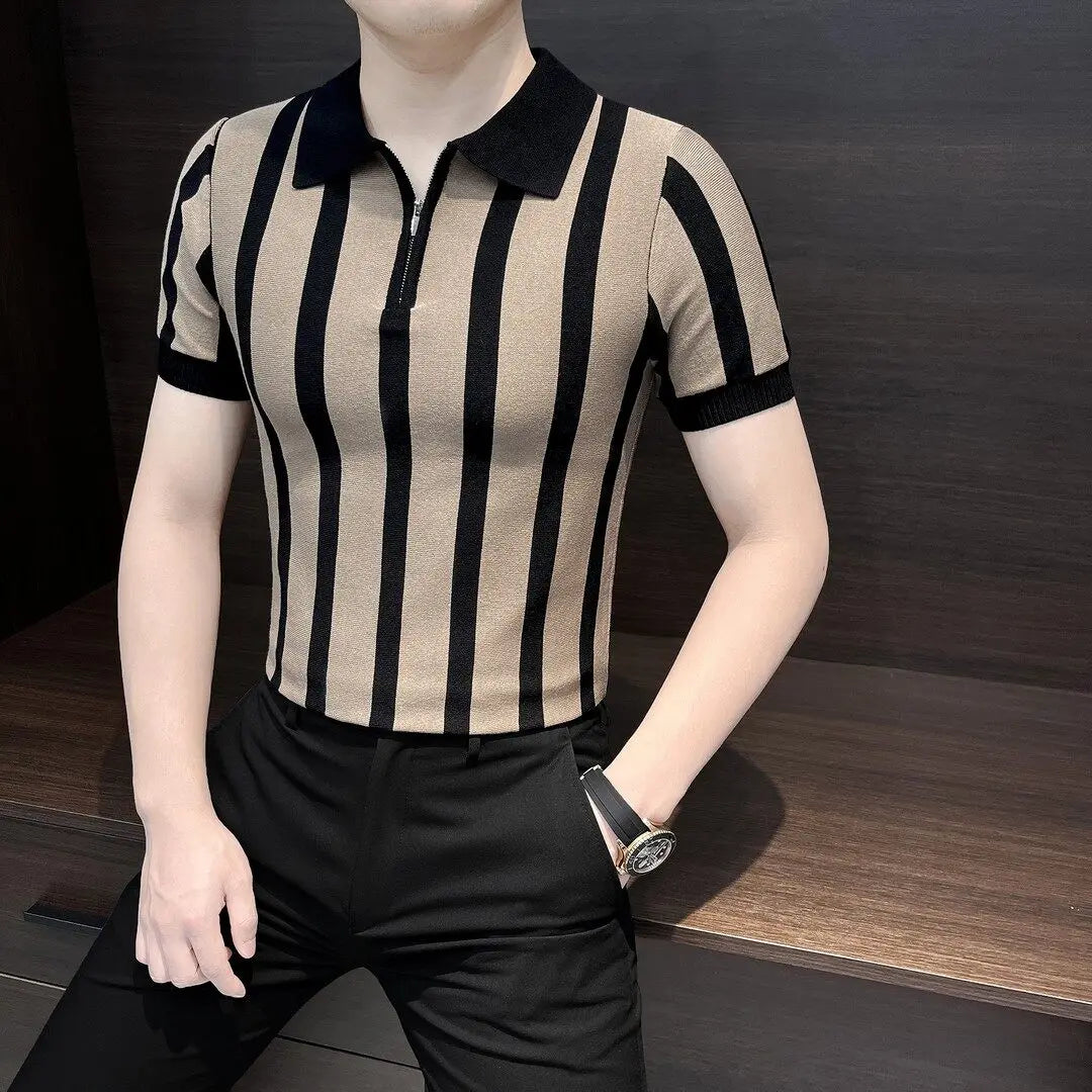 Men Summer Striped Knitted Polo Shirt