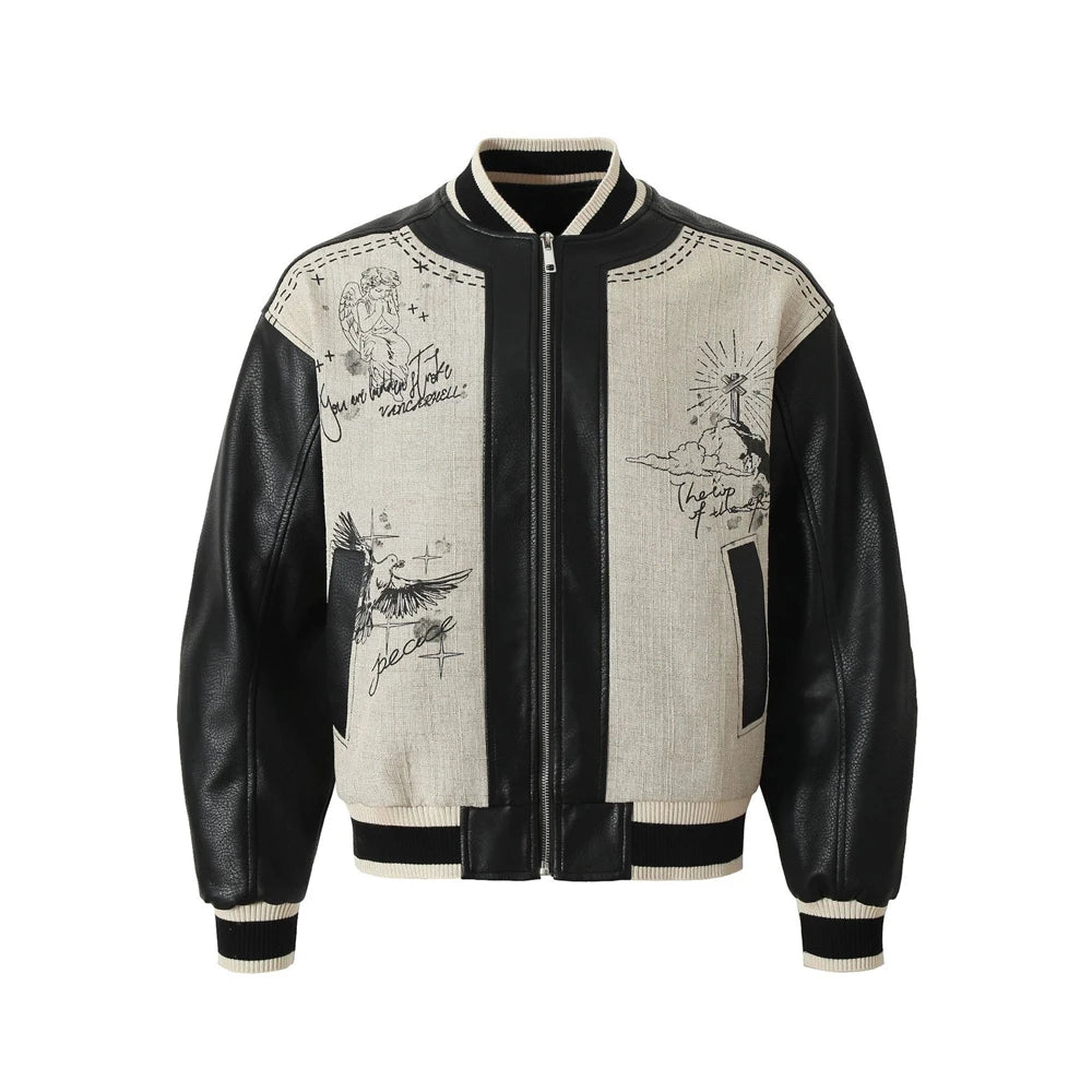 Vintage Sketch Motif Leather Varsity Jacket