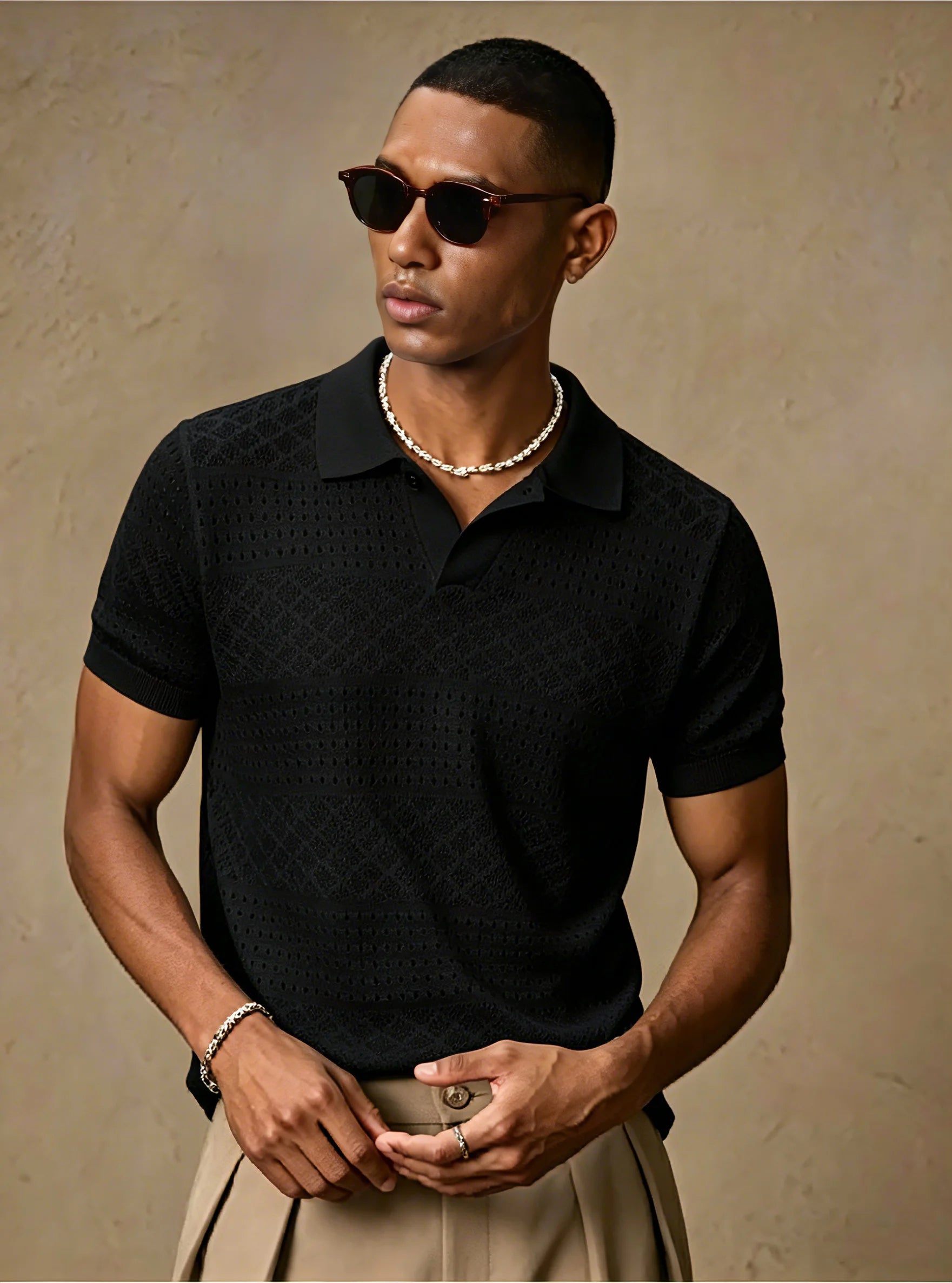 Breathable Hollow Out Knit Polo Shirt