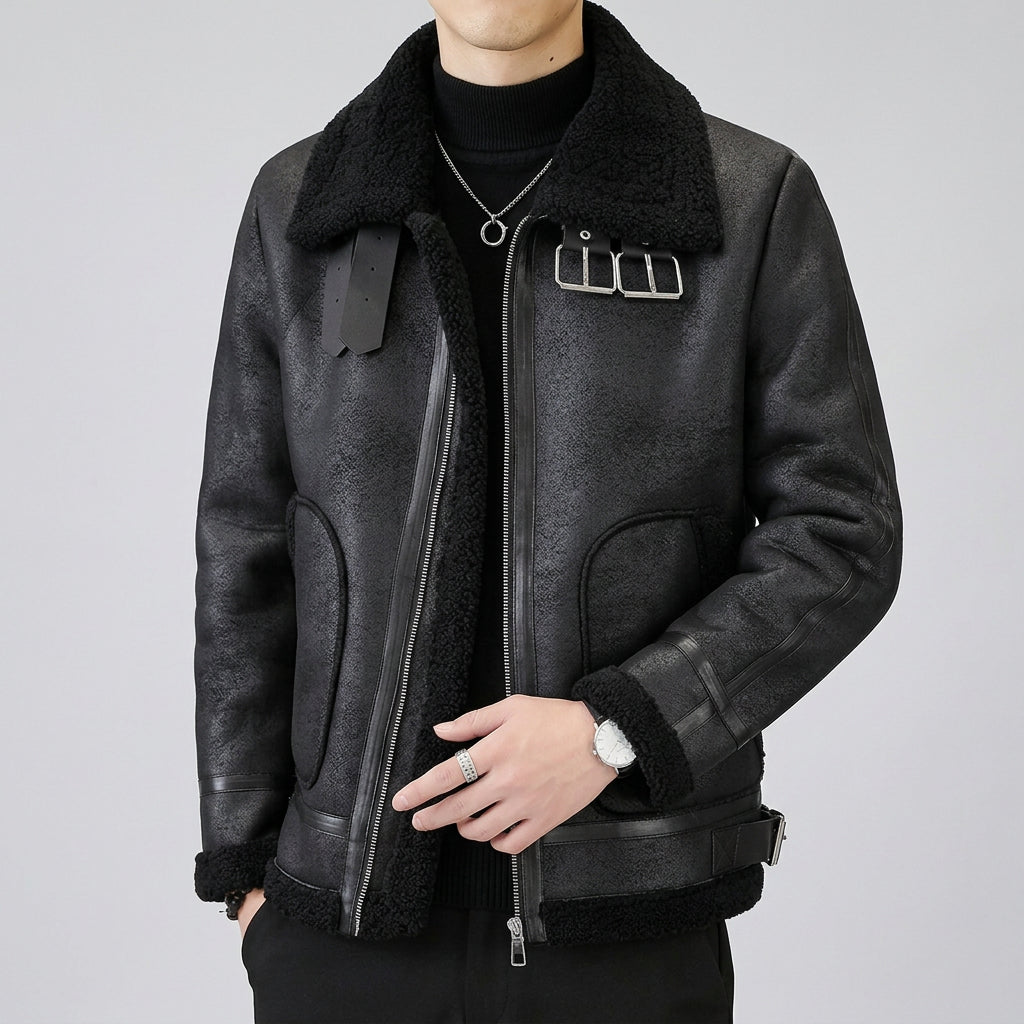 Lines Spliced Faux Fur Pockets Jacket