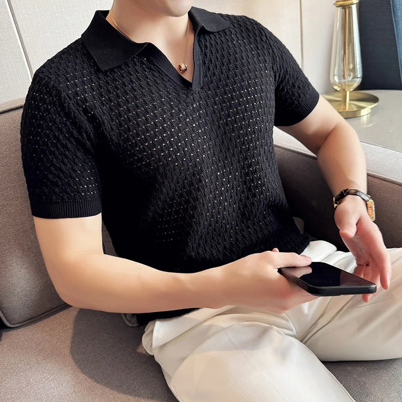 Hollow Knitted Smart Casual Polo Shirt